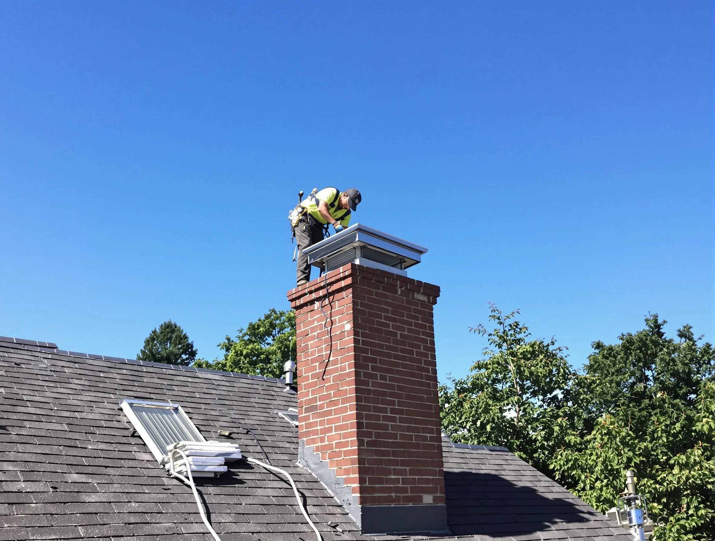 Penn Hills Chimney Sweep technician measuring a chimney cap in Penn Hills, PA